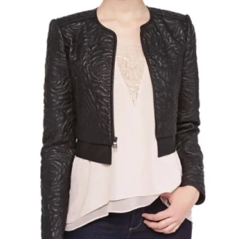 NEW BCBG Duke Goth Faux Leather Jacket Black Rose Quilted Crop Moto Bomber XS